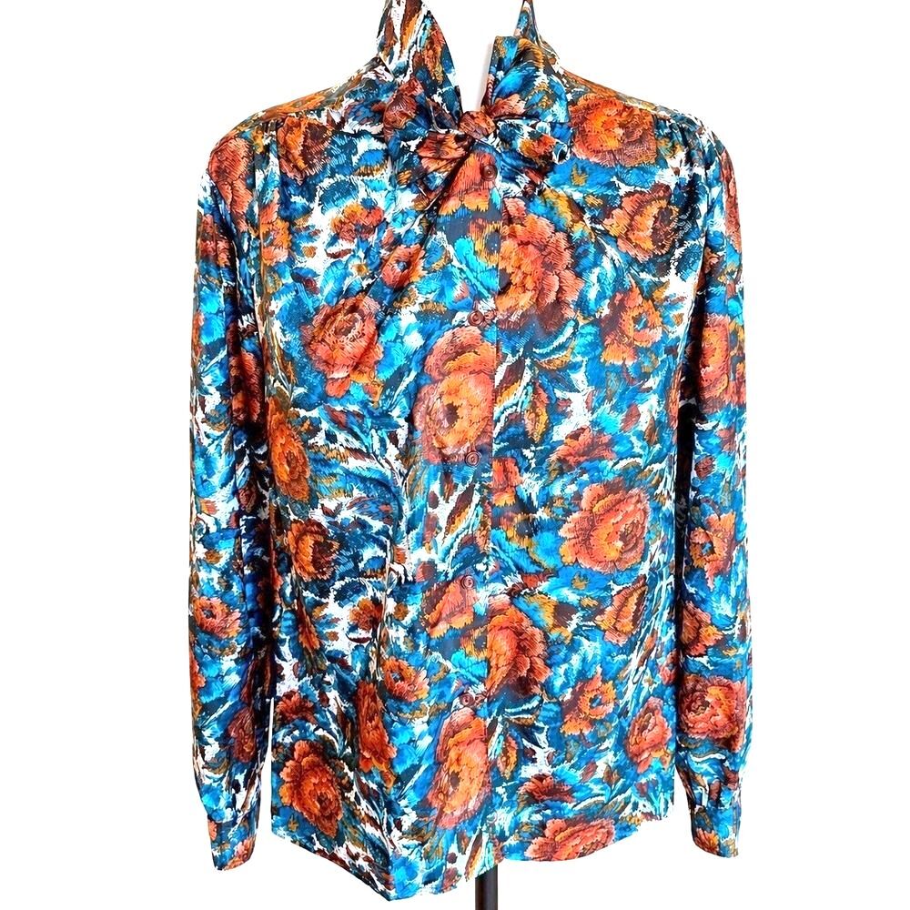 Vintage‎ 80s Pykettes Tie Neck Blouse Womens 14 L Floral Burnt Orange USA Made